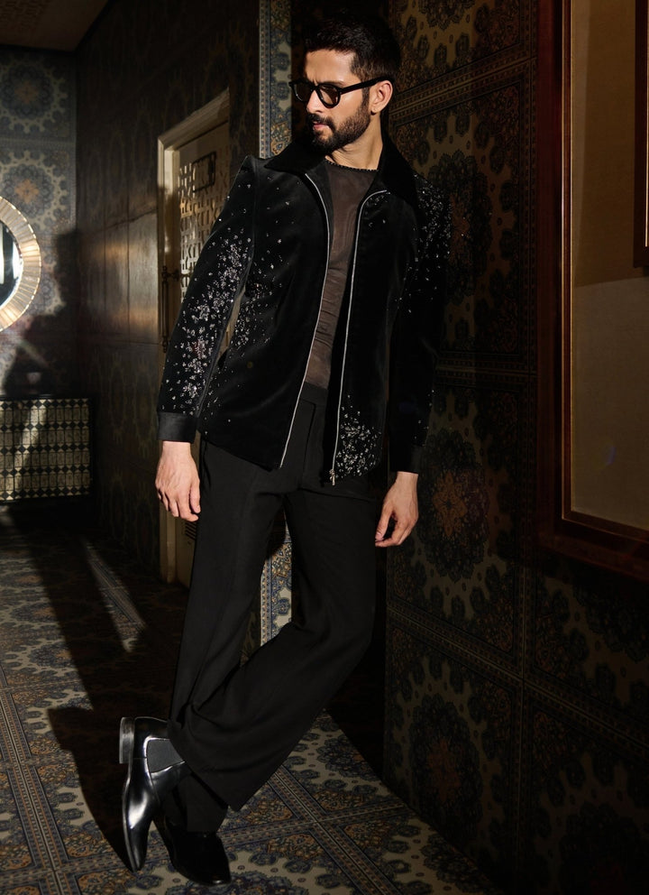 Contrast by Parth Black Crystal Velvet Bomber Jacket SetFabilicious Fashion