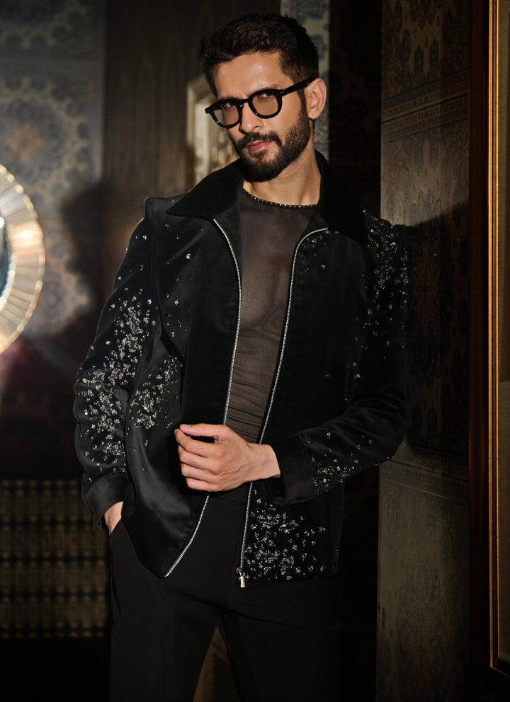 Contrast by Parth Black Crystal Velvet Bomber Jacket SetFabilicious Fashion