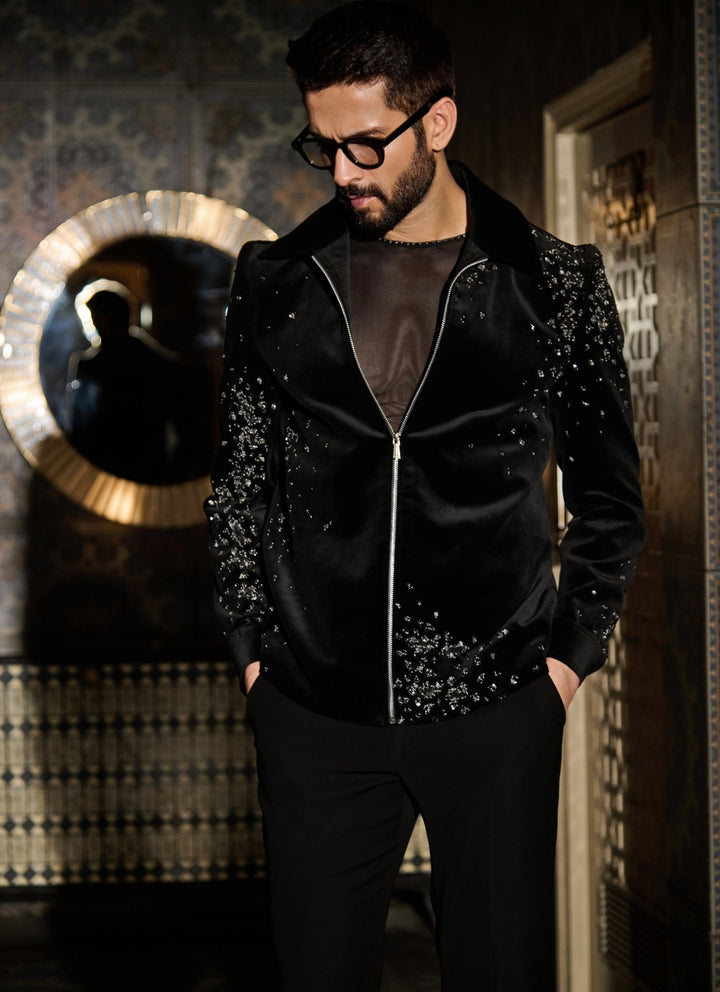 Contrast by Parth Black Crystal Velvet Bomber Jacket SetFabilicious Fashion