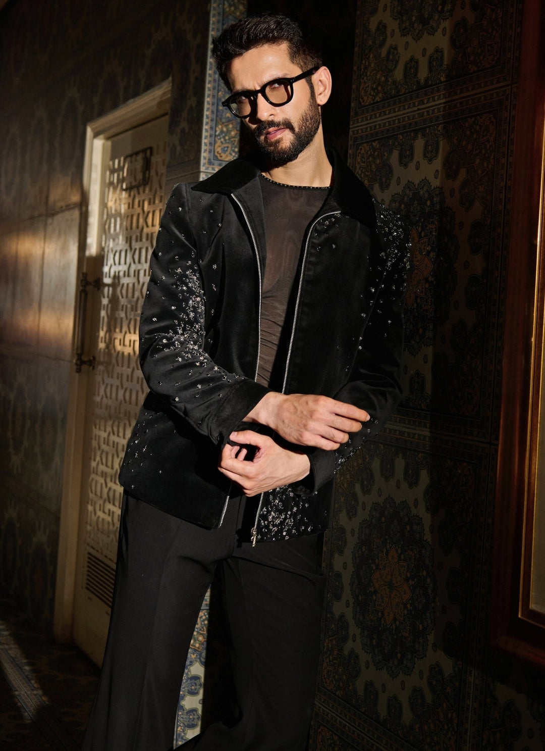 Contrast by Parth Black Crystal Velvet Bomber Jacket SetFabilicious Fashion