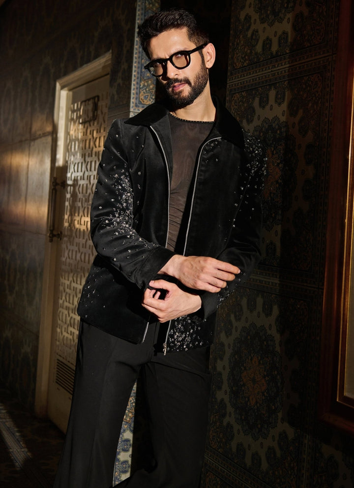 Contrast by Parth Black Crystal Velvet Bomber Jacket SetFabilicious Fashion