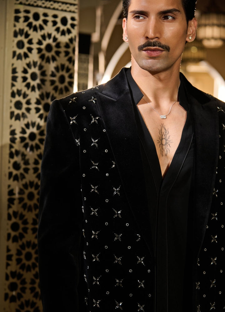 Contrast by Parth Black Crystal Velvet Short Jacket SetFabilicious Fashion