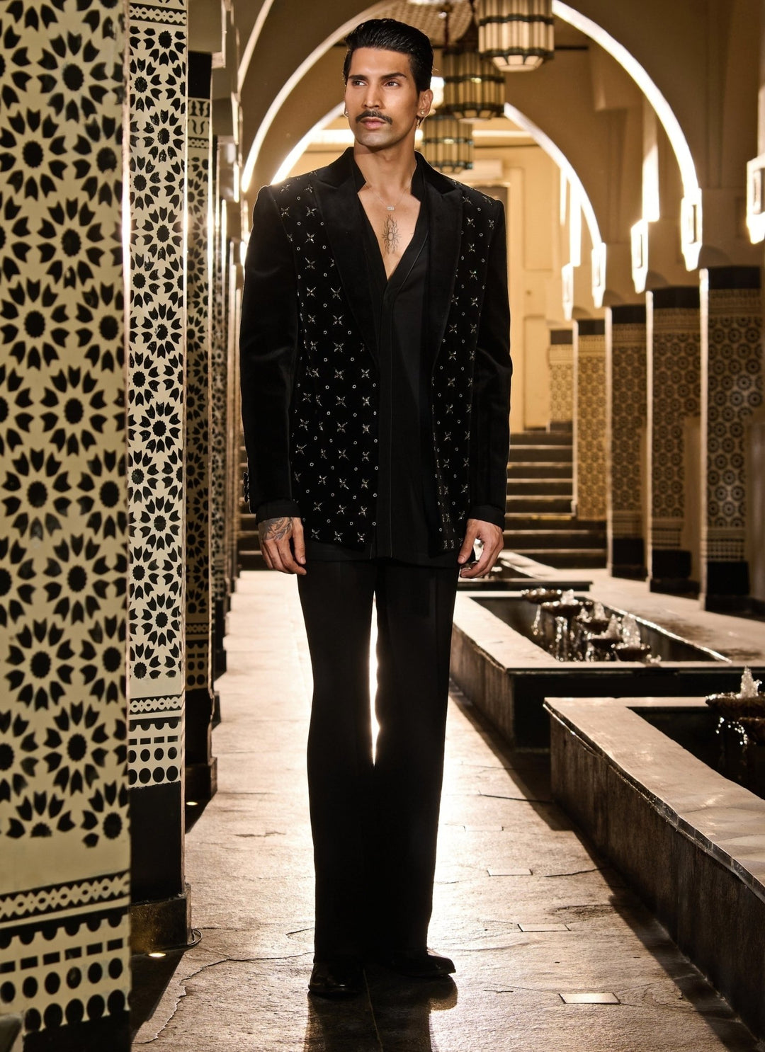 Contrast by Parth Black Crystal Velvet Short Jacket SetFabilicious Fashion