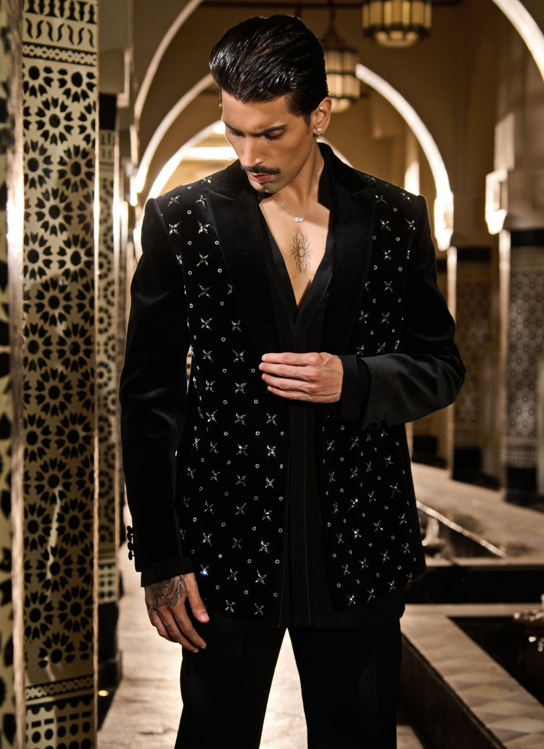 Contrast by Parth Black Crystal Velvet Short Jacket SetFabilicious Fashion