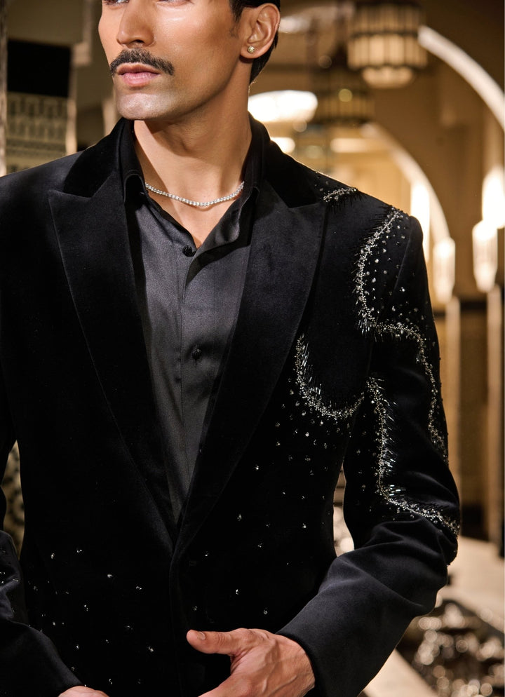 Contrast by Parth Black Crystal Velvet Tuxedo SetFabilicious Fashion