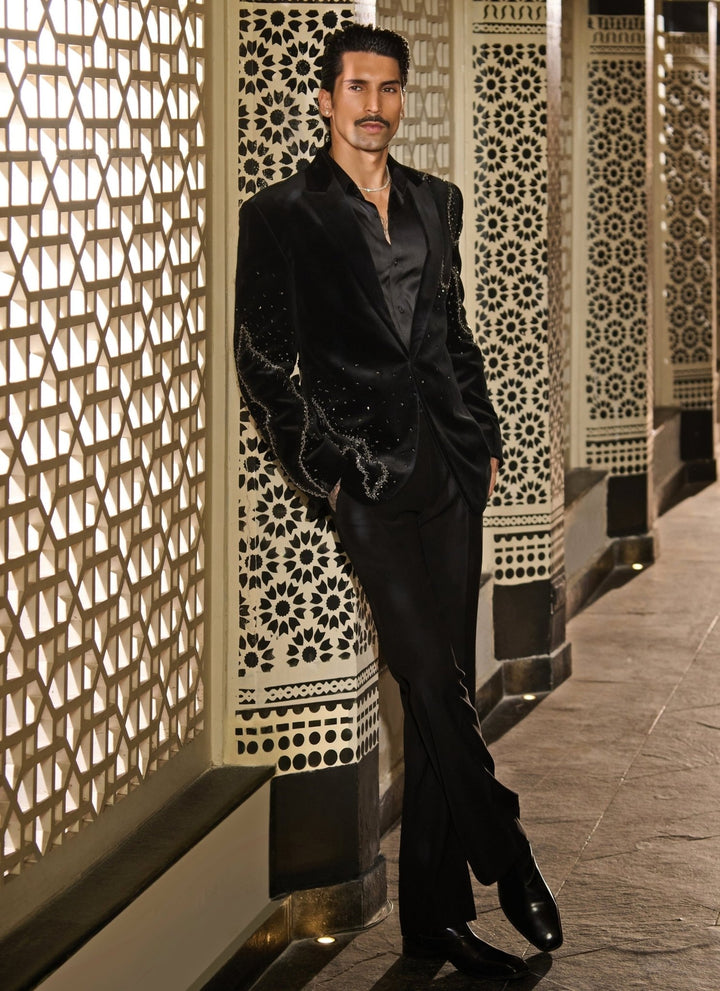 Contrast by Parth Black Crystal Velvet Tuxedo SetFabilicious Fashion