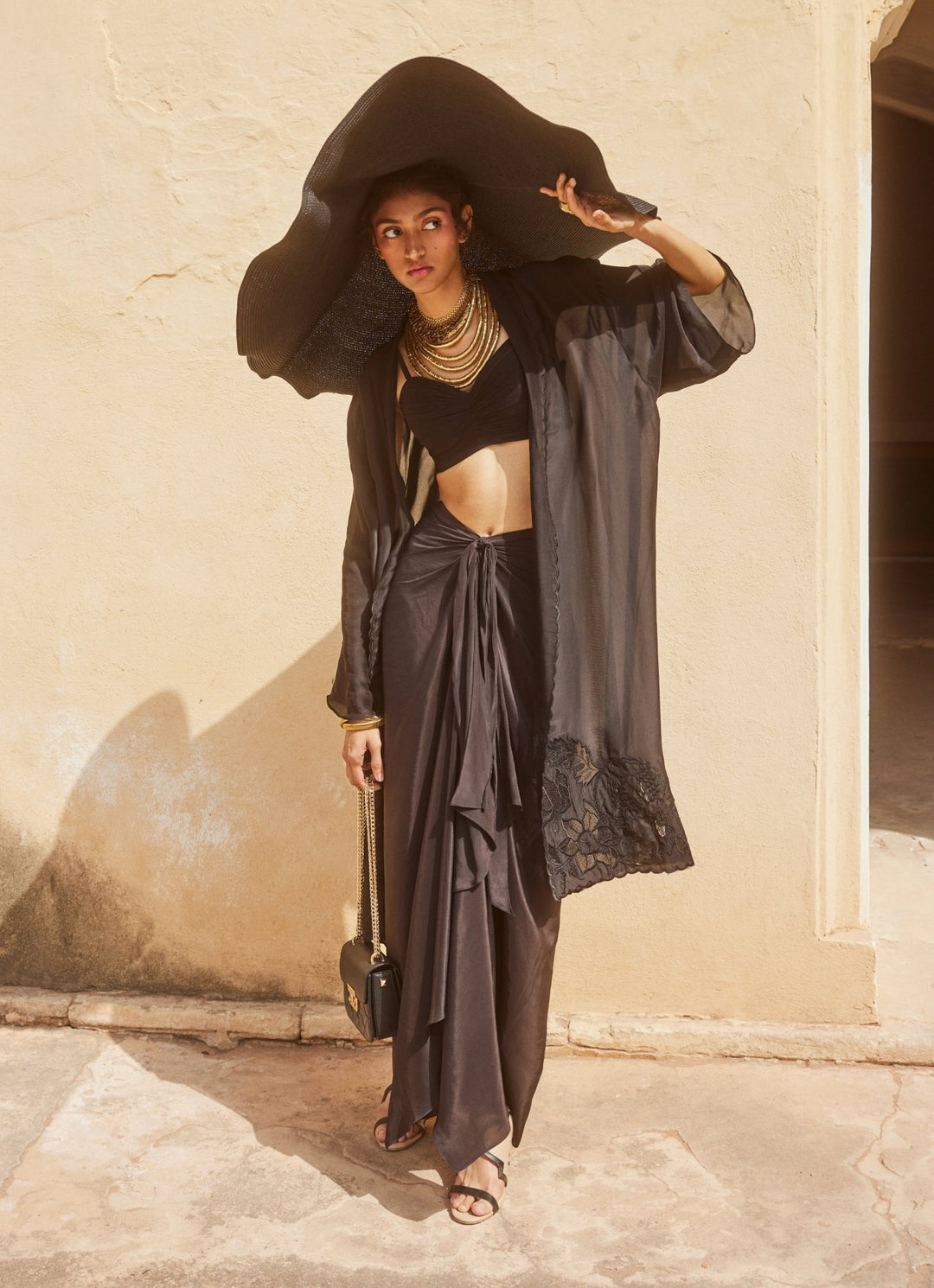 Black Drape Skirt Set With Jacket Paulmi and Harsh - Fabilicious Fashion