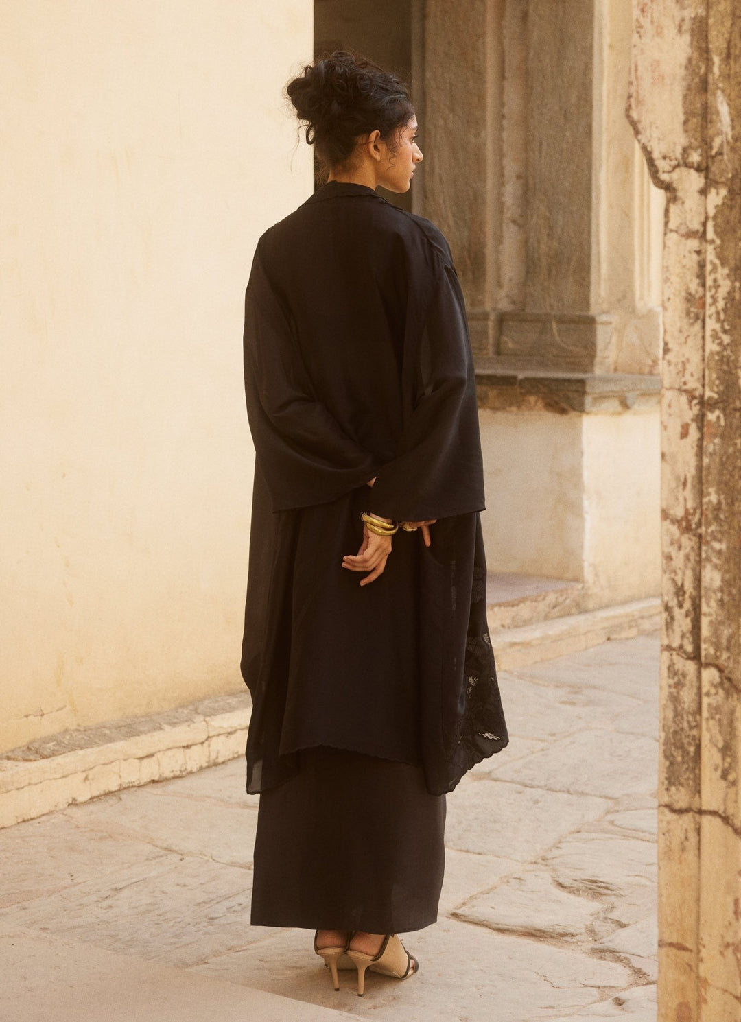 Black Drape Skirt Set With Jacket Paulmi and Harsh - Fabilicious Fashion