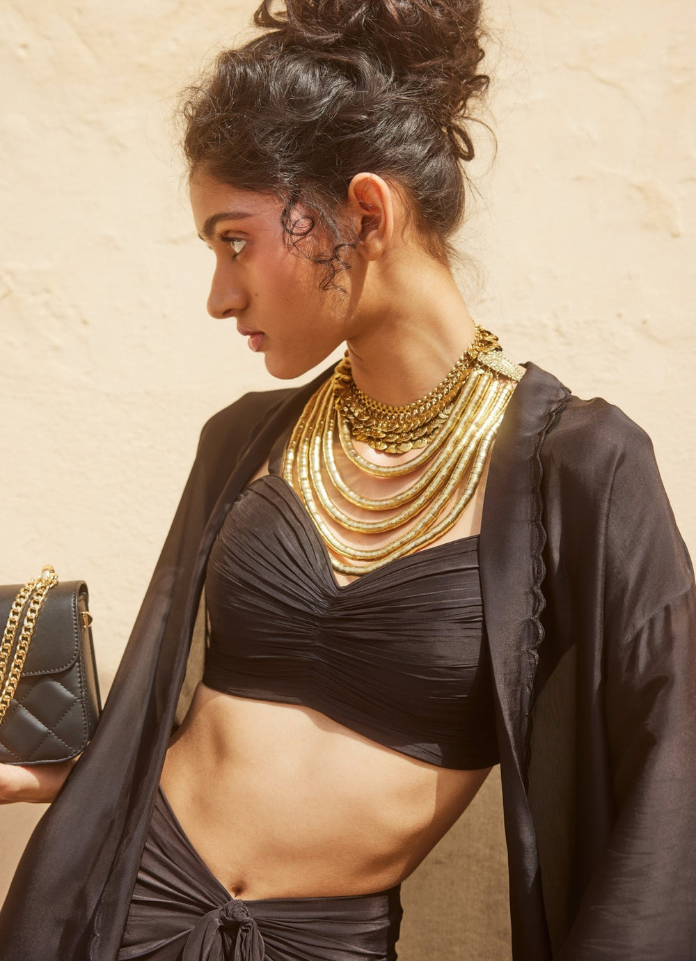 Black Drape Skirt Set With Jacket Paulmi and Harsh - Fabilicious Fashion