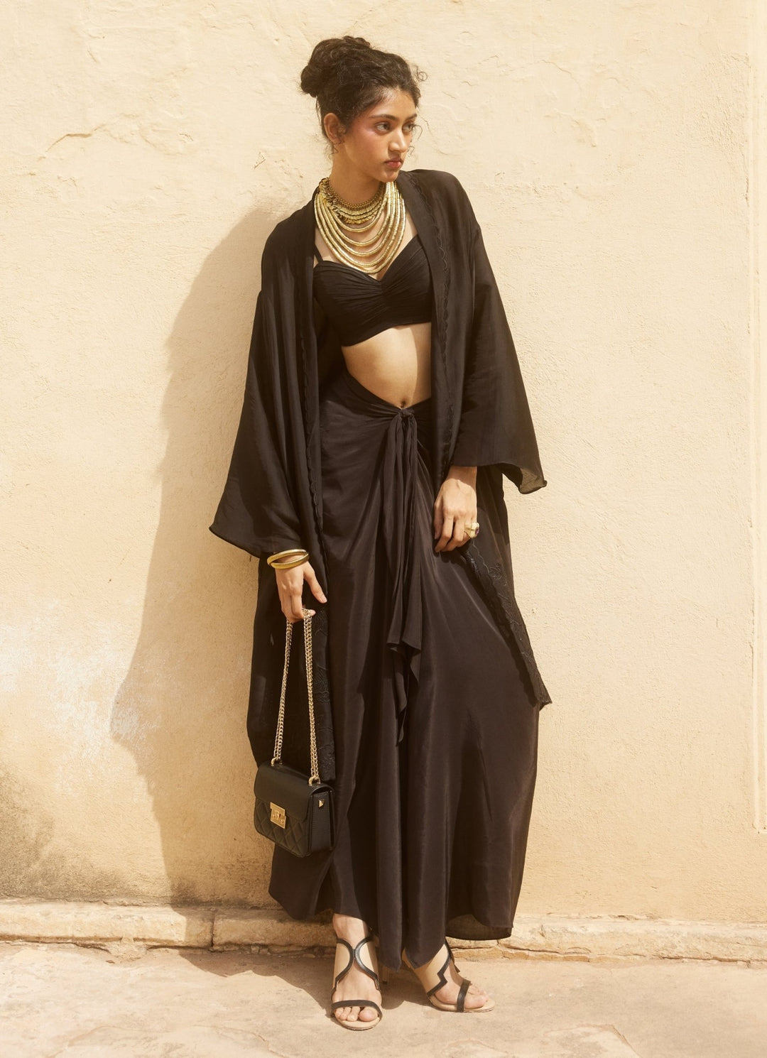 Black Drape Skirt Set With Jacket Paulmi and Harsh - Fabilicious Fashion