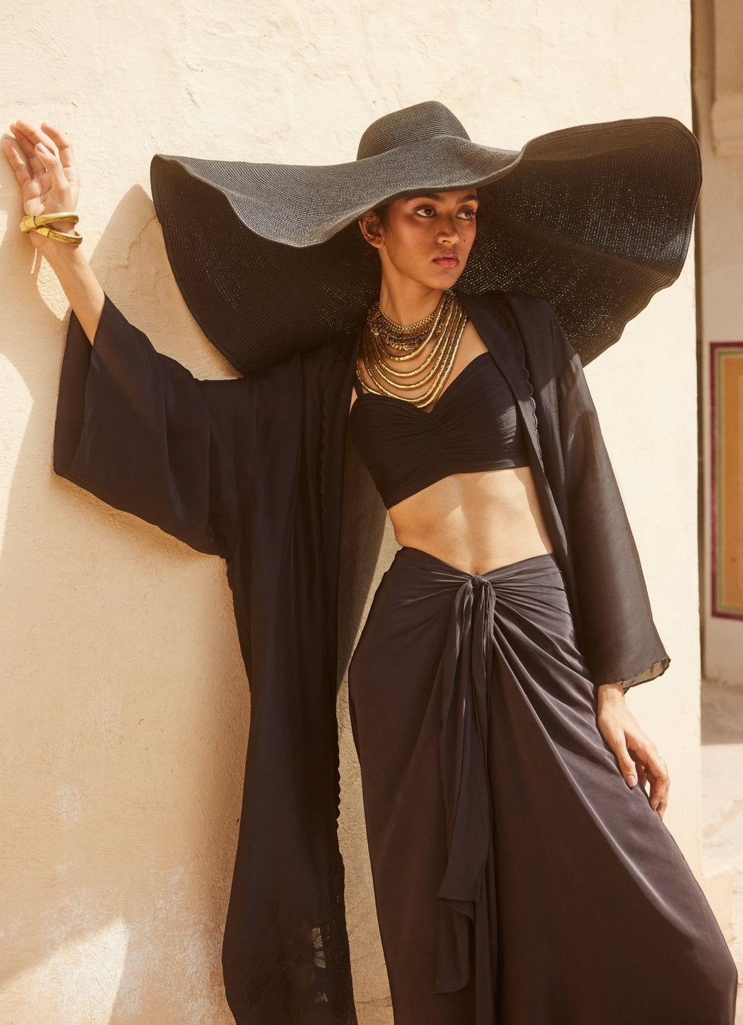 Black Drape Skirt Set With Jacket Paulmi and Harsh - Fabilicious Fashion