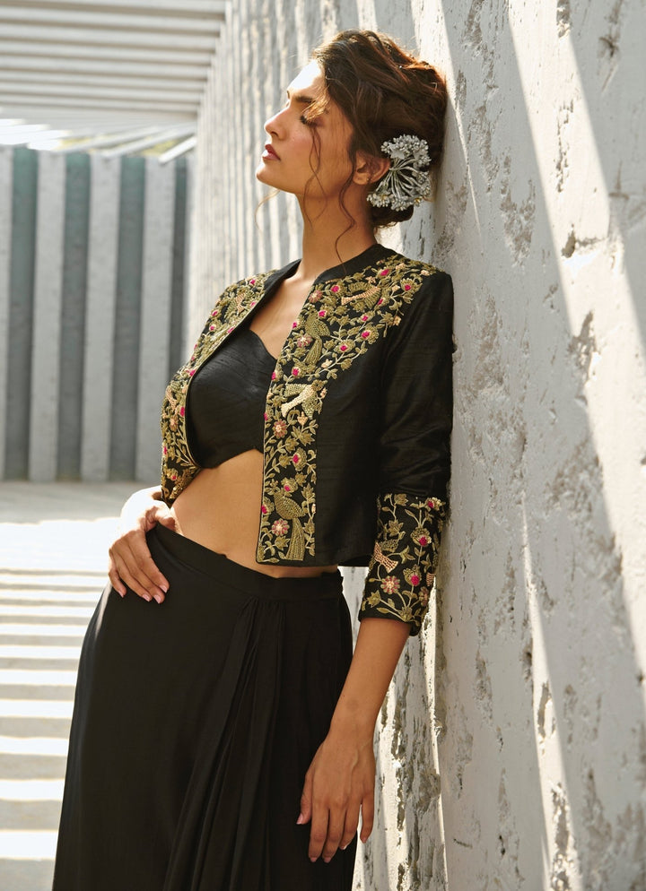 Black Draped Skirt Set With Embroidered Jacket Chamee and Palak - Fabilicious Fashion
