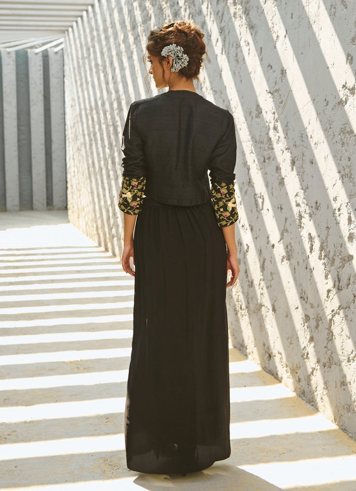 Black Draped Skirt Set With Embroidered Jacket Chamee and Palak - Fabilicious Fashion