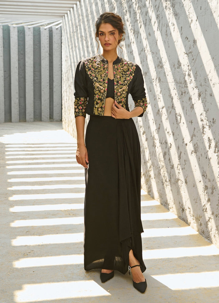 Black Draped Skirt Set With Embroidered Jacket Chamee and Palak - Fabilicious Fashion