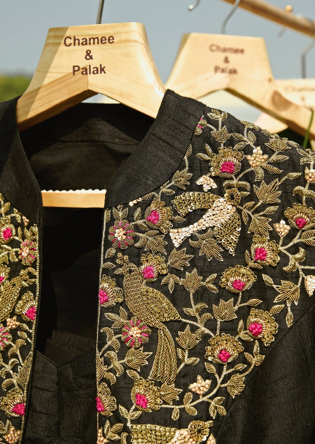 Black Draped Skirt Set With Embroidered Jacket Chamee and Palak - Fabilicious Fashion