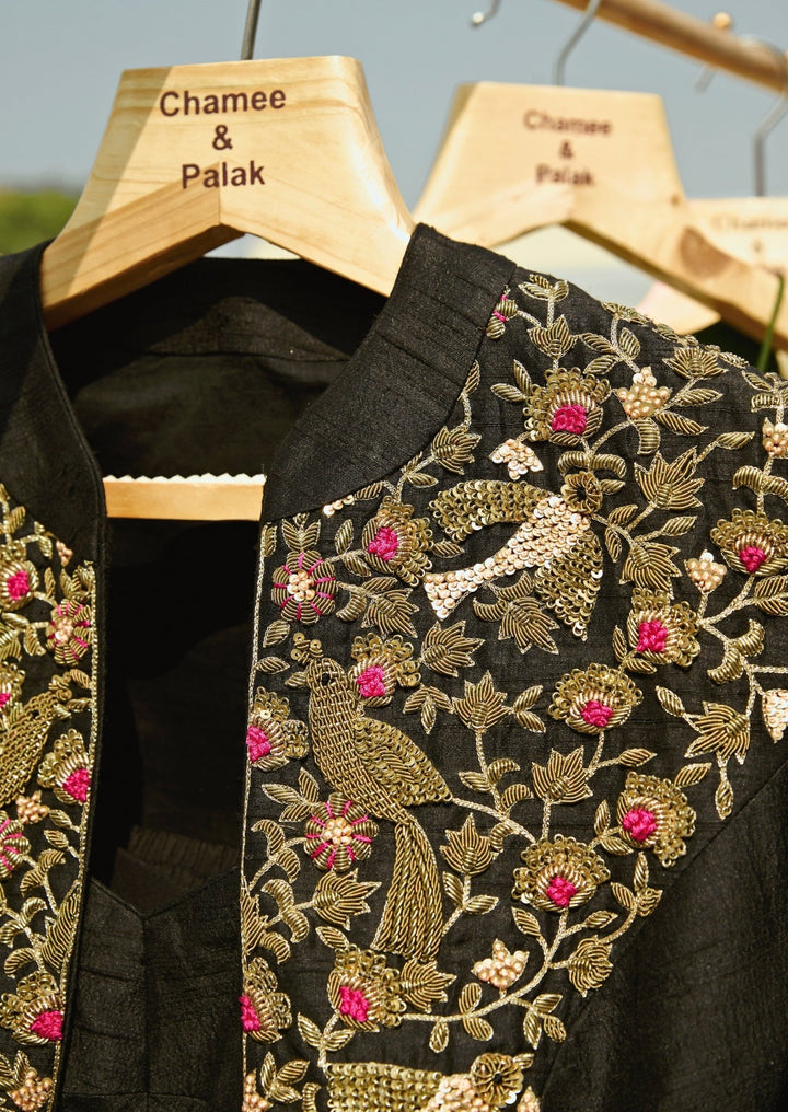 Black Draped Skirt Set With Embroidered Jacket Chamee and Palak - Fabilicious Fashion