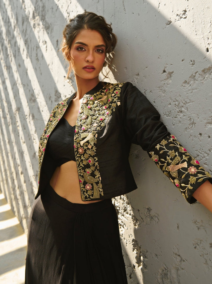 Black Draped Skirt Set With Embroidered Jacket Chamee and Palak - Fabilicious Fashion