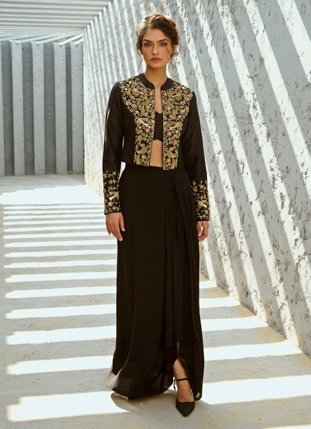 Black Draped Skirt Set With Embroidered Jacket Chamee and Palak - Fabilicious Fashion