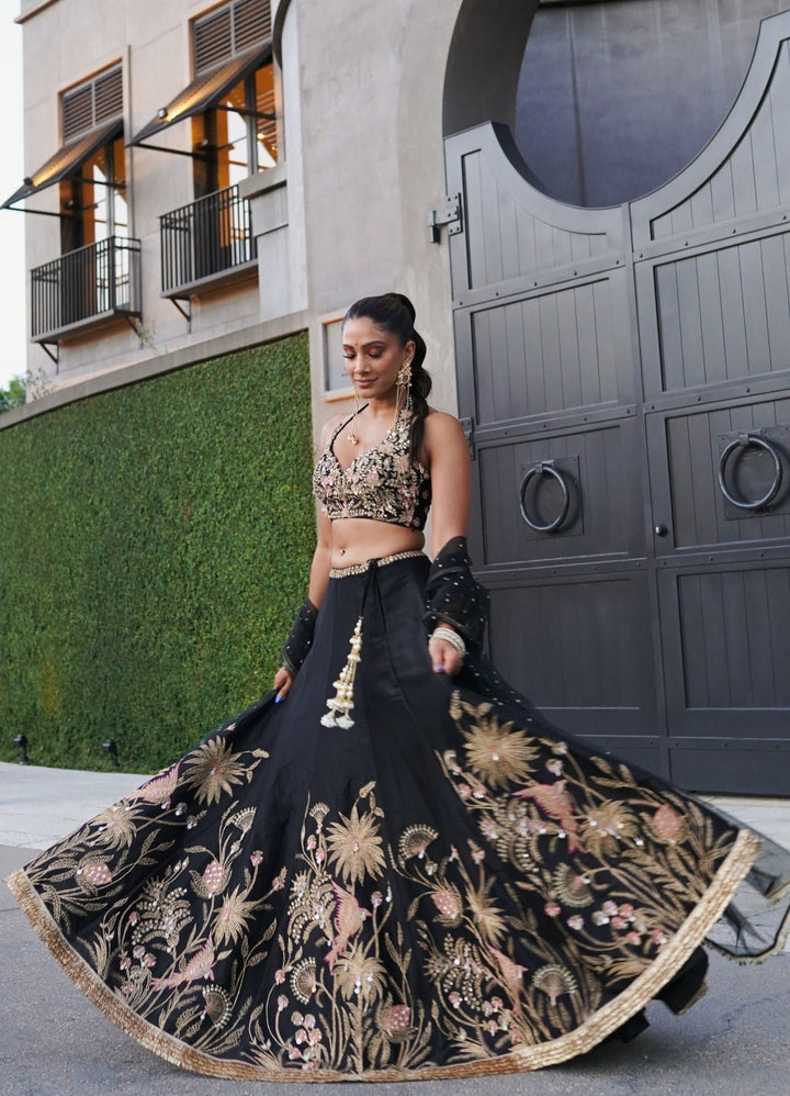 Chamee and Palak Black Dupion Silk LehengaFabilicious Fashion
