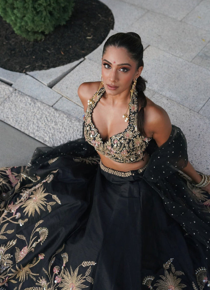 Chamee and Palak Black Dupion Silk LehengaFabilicious Fashion