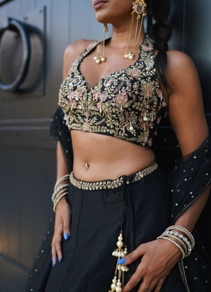 Chamee and Palak Black Dupion Silk LehengaFabilicious Fashion