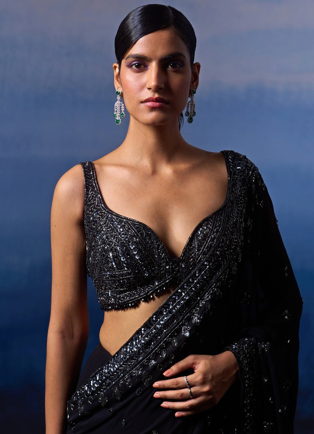 Black Embellished Georgette Saree Angad Singh - Fabilicious Fashion