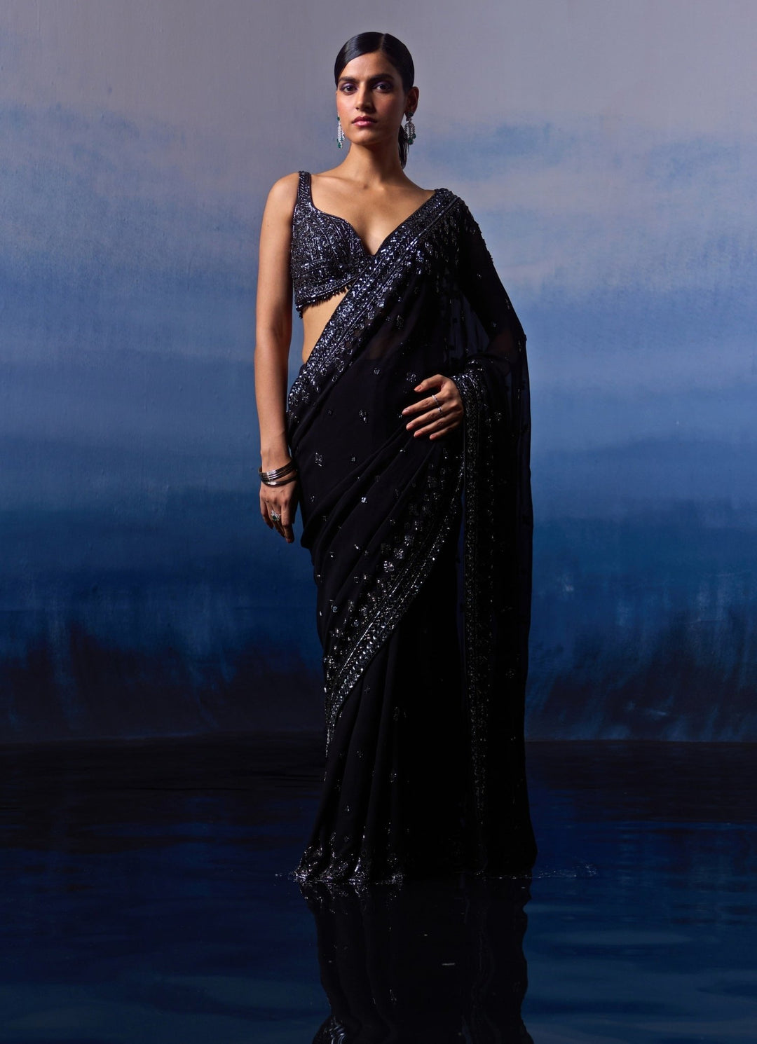 Black Embellished Georgette Saree Angad Singh - Fabilicious Fashion