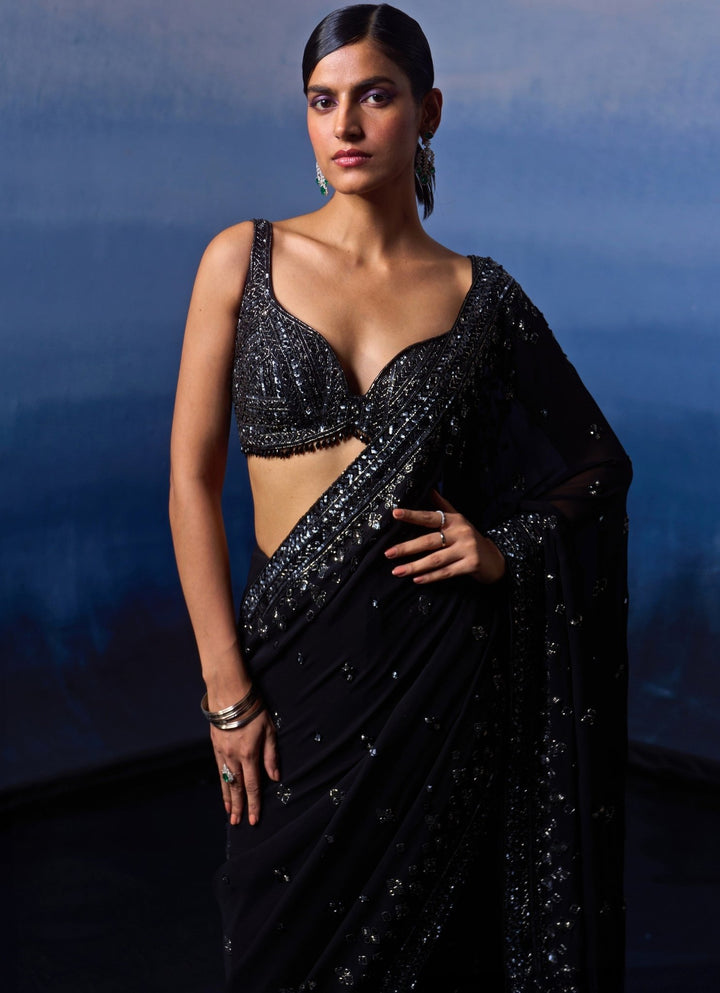 Black Embellished Georgette Saree Angad Singh - Fabilicious Fashion