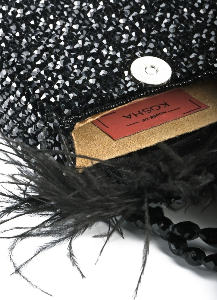 Black Embellished Mini Bag With Feathers House of Kosha - Fabilicious Fashion