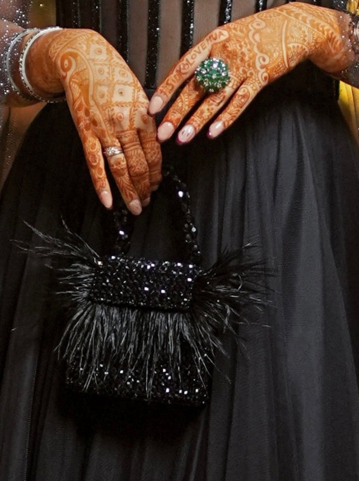 Black Embellished Mini Bag With Feathers House of Kosha - Fabilicious Fashion