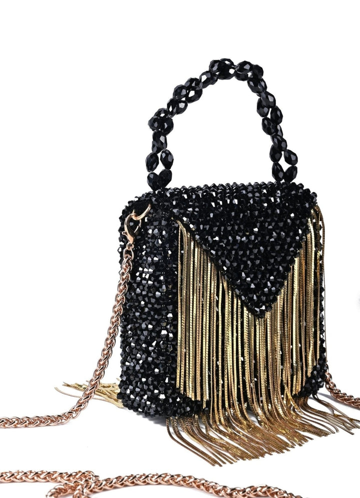 Black Embellished Mini Bag With Gold Chain House of Kosha - Fabilicious Fashion