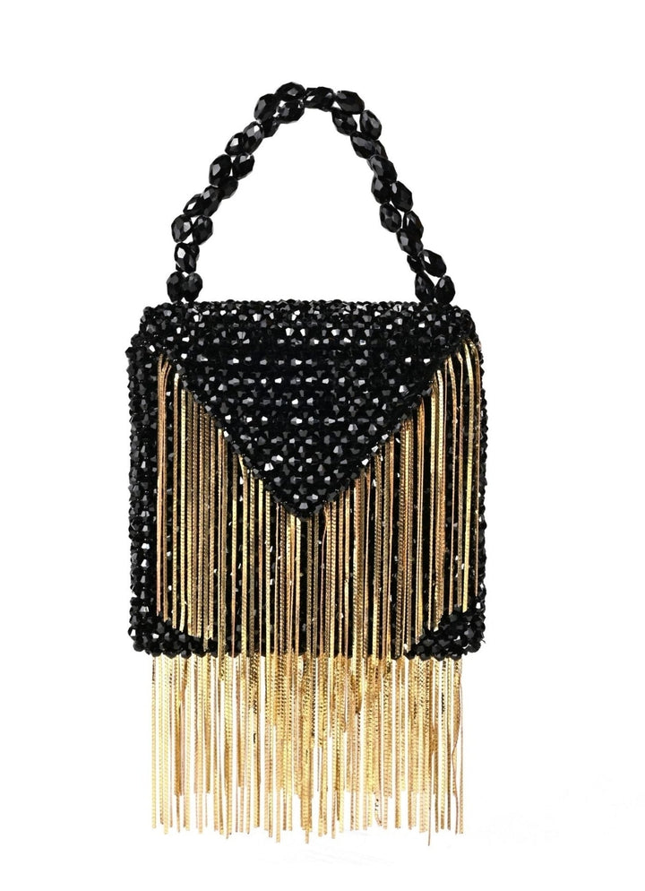 Black Embellished Mini Bag With Gold Chain House of Kosha - Fabilicious Fashion