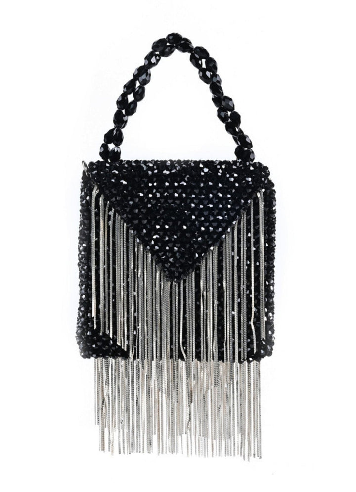 Black Embellished Mini Bag With Silver Chain House of Kosha - Fabilicious Fashion