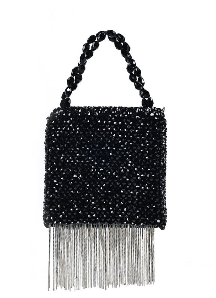 Black Embellished Mini Bag With Silver Chain House of Kosha - Fabilicious Fashion