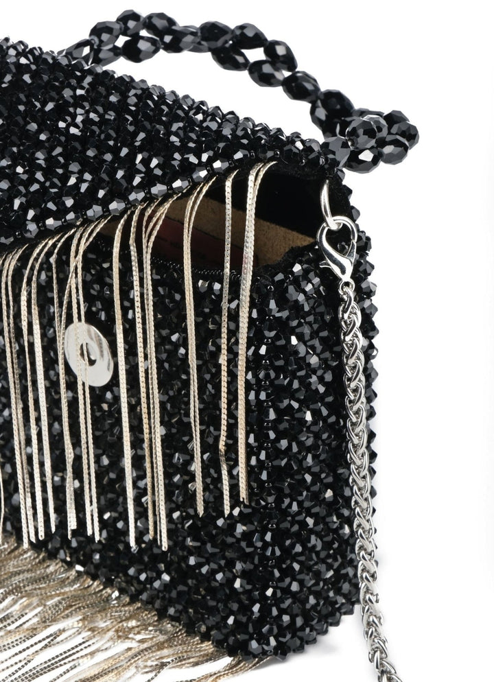 Black Embellished Mini Bag With Silver Chain House of Kosha - Fabilicious Fashion