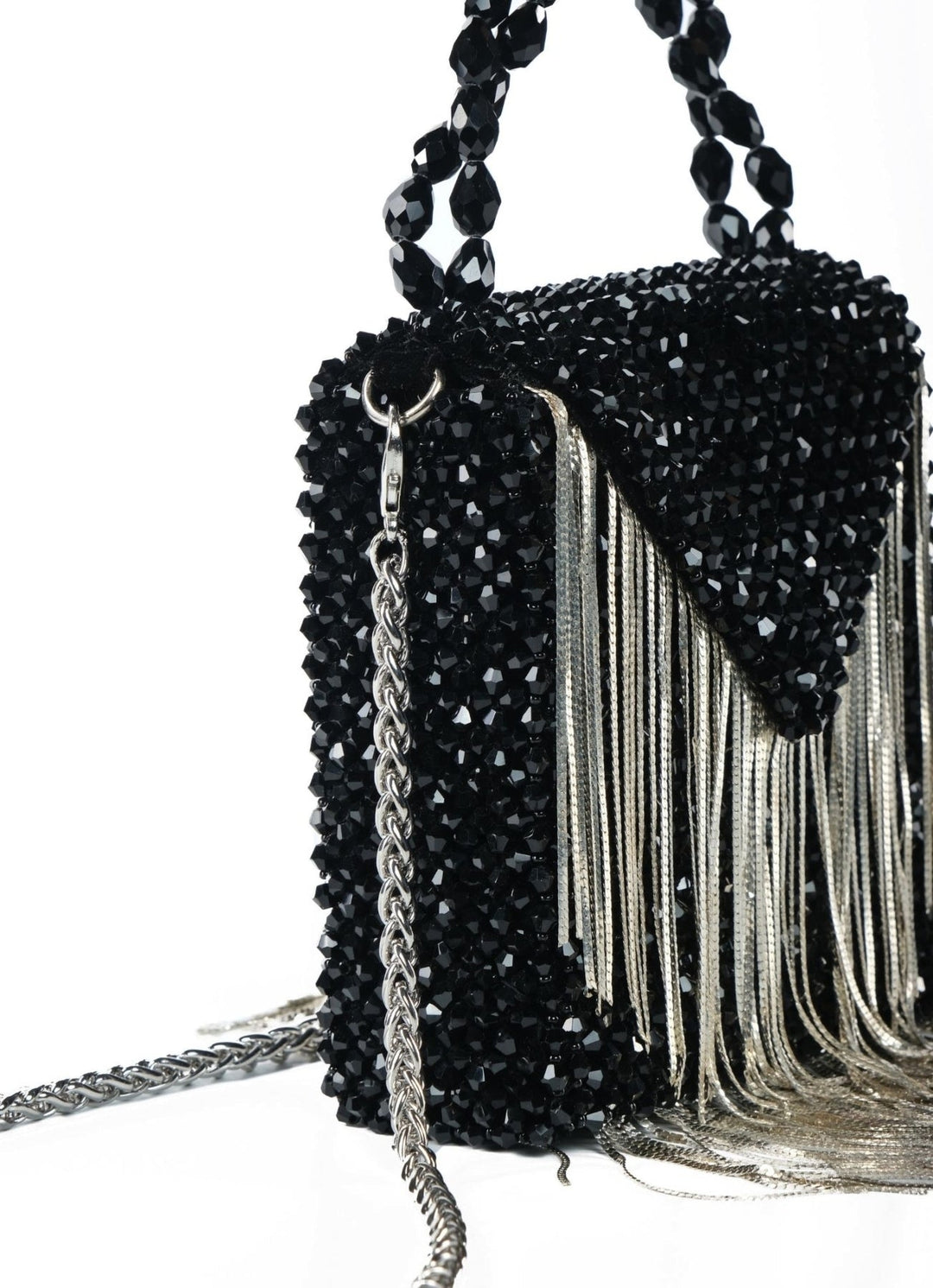 Black Embellished Mini Bag With Silver Chain House of Kosha - Fabilicious Fashion
