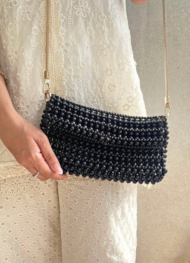 Black Embellished Pearl Bag AMYRA - Fabilicious Fashion