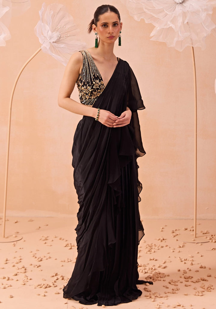 Black Embellished Ruffle Saree Parul Gandhi - Fabilicious Fashion
