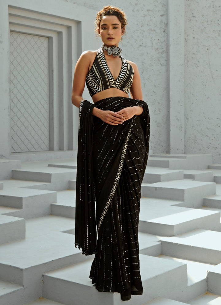 Black Embroidered And Pre Stitched Georgette Saree Chamee and Palak - Fabilicious Fashion