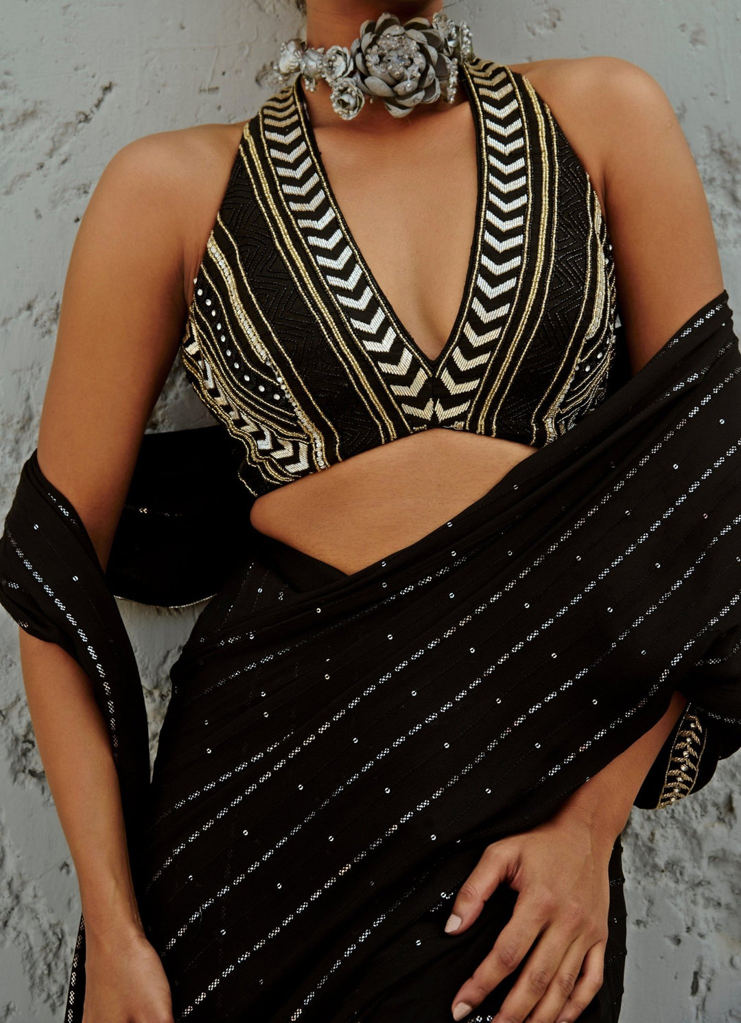 Black Embroidered And Pre Stitched Georgette Saree Chamee and Palak - Fabilicious Fashion