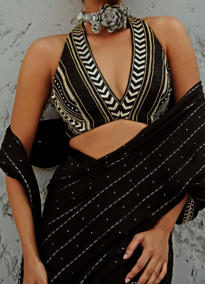 Black Embroidered And Pre Stitched Georgette Saree Chamee and Palak - Fabilicious Fashion