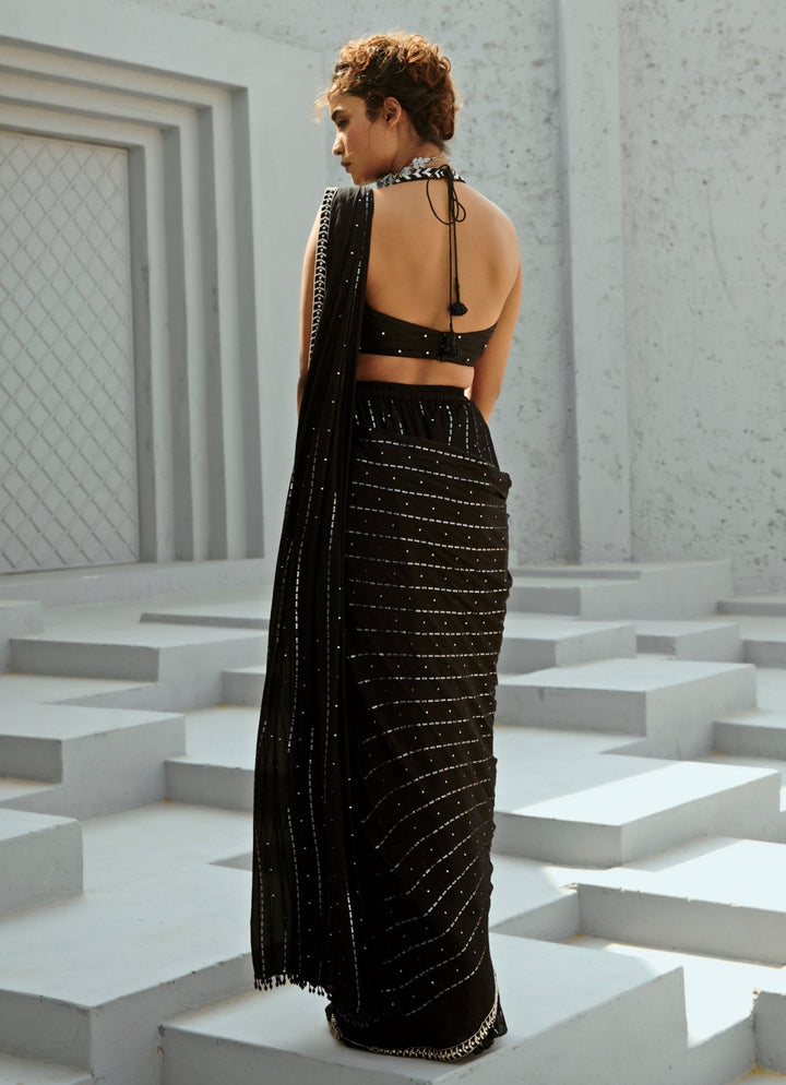 Black Embroidered And Pre Stitched Georgette Saree Chamee and Palak - Fabilicious Fashion