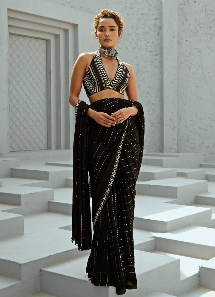 Black Embroidered And Pre Stitched Georgette Saree Chamee and Palak - Fabilicious Fashion