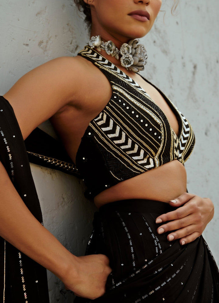 Black Embroidered And Pre Stitched Georgette Saree Chamee and Palak - Fabilicious Fashion