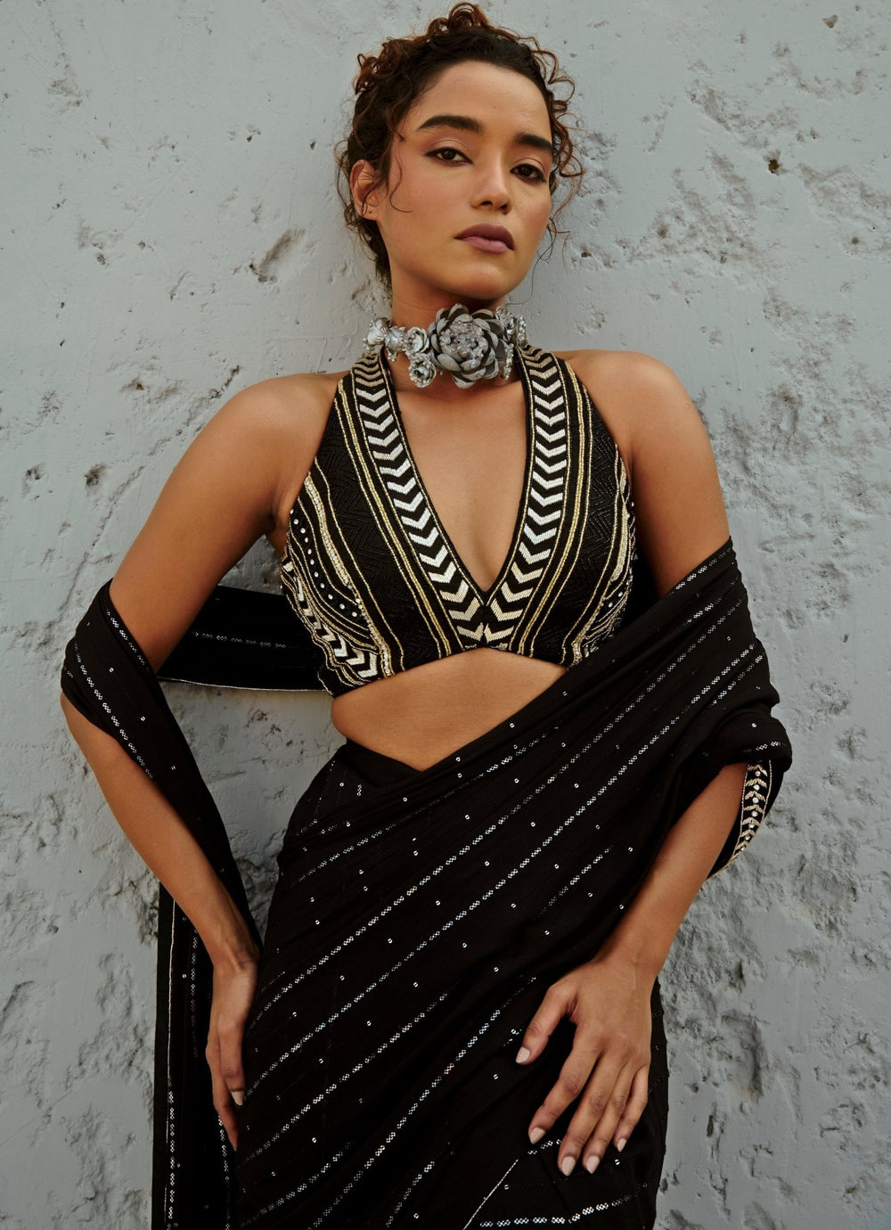 Black Embroidered And Pre Stitched Georgette Saree Chamee and Palak - Fabilicious Fashion