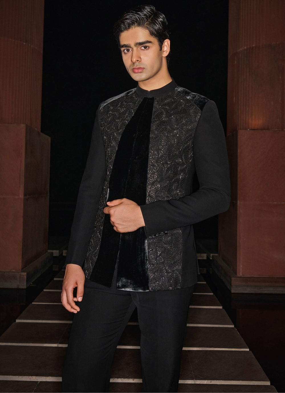Black Embroidered Bandhgala Set Contrast By Parth - Fabilicious Fashion