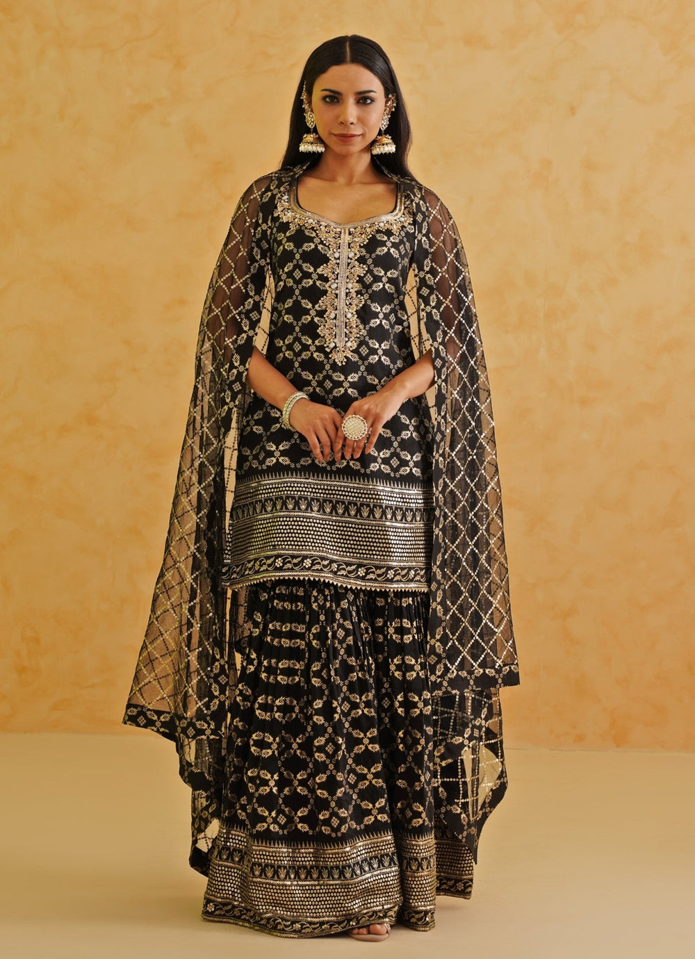 Black Embroidered Brocade Kurta Garara Set Deepika Chadha - Fabilicious Fashion
