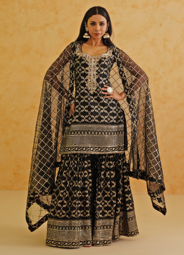 Black Embroidered Brocade Kurta Garara Set Deepika Chadha - Fabilicious Fashion