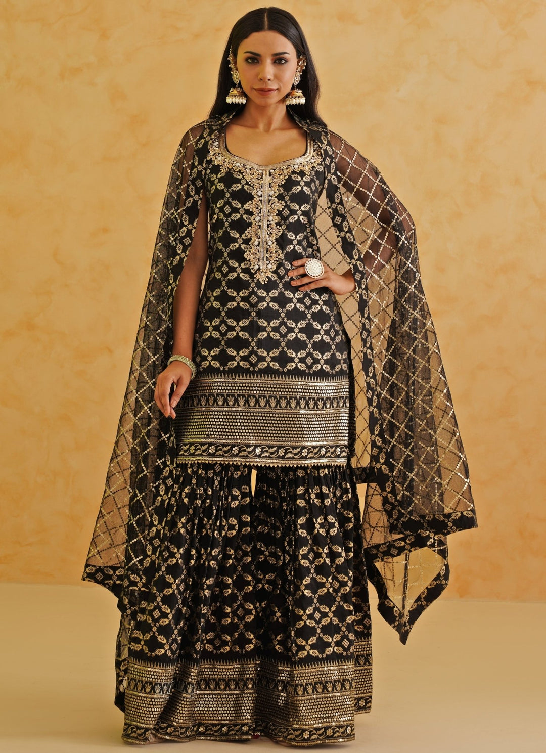 Black Embroidered Brocade Kurta Garara Set Deepika Chadha - Fabilicious Fashion