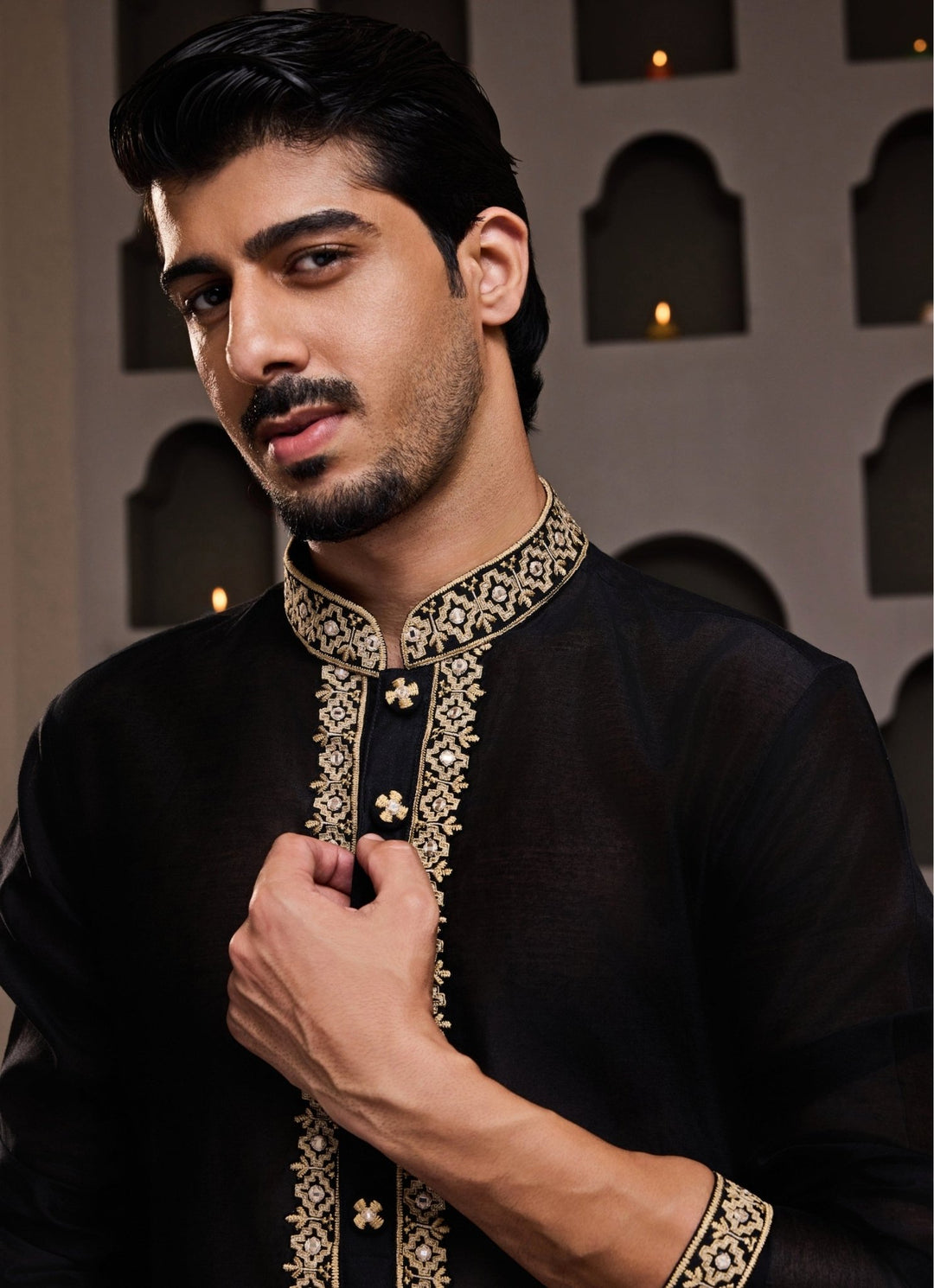 Black Embroidered Chanderi Kurta Dhoti Set Nitika Gujral - Men - Fabilicious Fashion